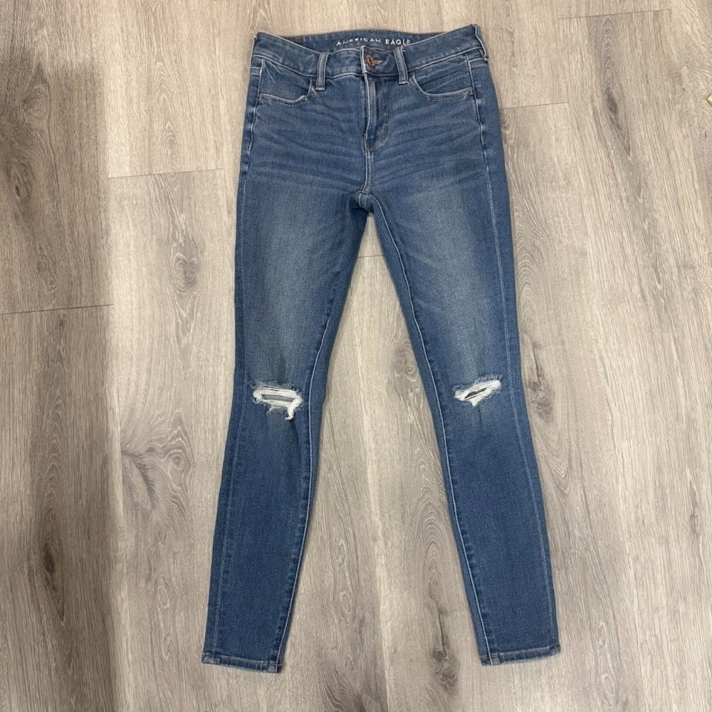 American Eagle Jegging Womens 4 Blue High Rise Skinny‎ Distressed Stretch Denim